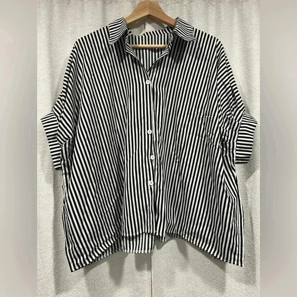 SHEIN Tall Striped Print Batwing Sleeve Shirt - Picture 2 of 4